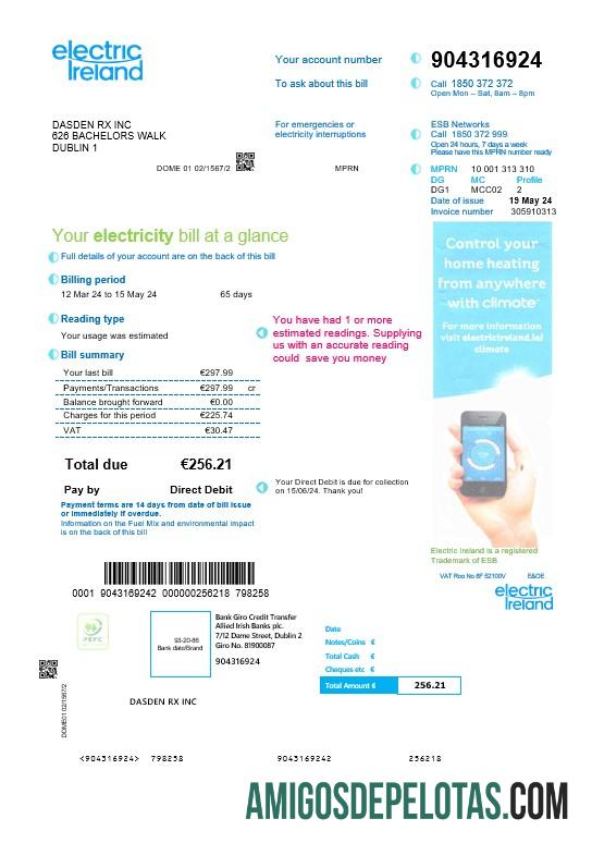 realista Modelo de conta de serviços públicos da Ireland Electric Ireland em formatos Word e PDF